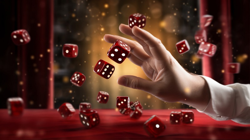 Hand surrounded by dice reaching for specific 2 dice